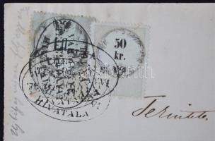 1864 Két félből összeragasztott 1Fl okmánybélyeg csalárd felhasználással okmányon / 1864 1Fl documen...