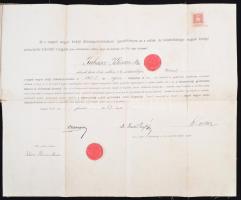 1908 A szegedi Bábaképző Intézet oklevele bábamesterség gyakorlásáról, rányomott szárazpecséttel, okmánybélyeggel, vászonra ragasztva, kis szakadással, kissé foltos könyv alakú mappában