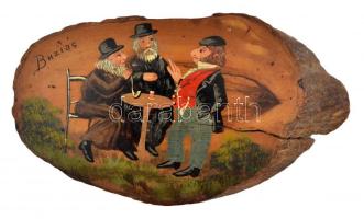 cca 1900 Erdély, buziásfürdői emlék, Fára festett kép zsidó fürdővendégekkel / cca 1900 Memory from Buzias, Transylvania. Painted wood with Jewish guests. 20x12 cm