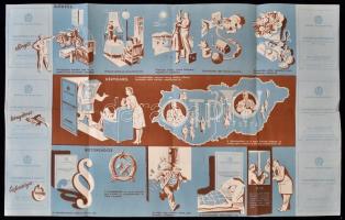 1953 Magyarország autóbuszhálózatának térképe, hátoldalán OTP Takarékbetét-könyv reklám, 42,2×66,5 c...
