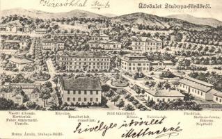 Stubnyafürdő, Turcianske Teplice; Vasúti állomás, Kertészlak, Fehér tükörfürdő, Uszoda, Kápolna, Erzsébet  és József lakok, Zöld tükörfürdő, Kórház, Valéria lak, Fürdőlak, Stefánia forrás, Étterem, Népfürdő / railway station, villas, swimming pools, restaurant, hospital (EB)