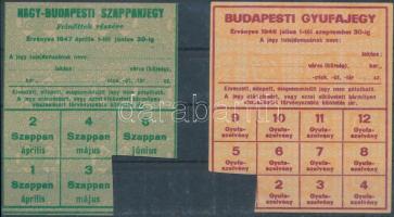 Budapest 1946. "Nagy-Budapesti Burgonyajegy" ívben, kitöltetlen + "Nagy-Budapesti Szappanjegy" ívben, egy jegy hiányzik + "Budapesti Gyufajegy" ívben, egy jegy hiányzik T:III