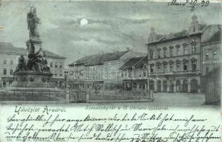 1899 Arad, Szabadság tér a 13 Vértanú szoborral, Fáber Lajos üzlete, Fiume Kávéház, Rosenberg Gyula üzlete / square with statue, shops, coffe house (b)