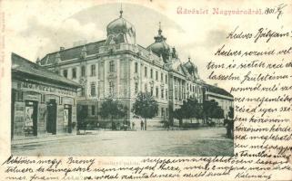 Nagyvárad, Oradea; Pénzügyi palota, Ifj. Popper József vegyeskereskedése; kiadja Helyfi László / grocery shop, financial palace (fl)