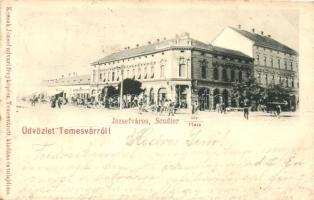 Temesvár, Timisoara; Józsefváros, Scudier tér, üzletek, kiadja Kossak József udvari fényképész / square, shops (fa)