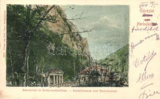 Herkulesfürdő, Baile Herculane; Károlykút és Herkules fürdőház / well, spa house, verlag von Emil Ja...