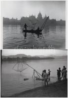 cca 1930 Dunai halászat merítő hálóval, 2 db korabeli negatívról készült modern nagyítások, 13x18 cm
