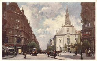 Budapest V. Ferenciek tere, templom, Stein üzlete, villamosok, Meró és Társa üzlete