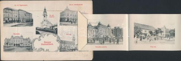 Kisújszállás, Nagy Gyula üzlete, leporellós képeslap zsinagógával és vasútállomással, Art Nouveau, l...