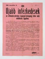 1918 Budapest, Újabb intézkedések az influenza-járvány (spanyol-beteség) ellen való védekezés ügyében, plakát, 63x47cm