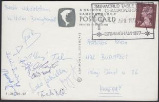 1977 A magyar asztalitenisz-válogatott tagjainak (Kisházi Beatrix, Szabó Gabriella, Gergely Gábor, Frank Béla, stb.) aláírásai Birminghamből Asztalos István (1951- ) asztaliteniszező részére küldött levelezőlapon