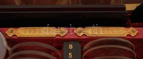 Antik optikus készlet lencsékkel, mérőkkel, zárható dobozkában / Antique optician set with lenses an...