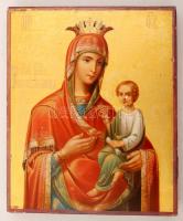 1902 Koronás Madonna a kis Jézussal, orosz ikon, tojás tempera, fa tábla, hátodalon cirill leírással...