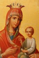 1902 Koronás Madonna a kis Jézussal, orosz ikon, tojás tempera, fa tábla, hátodalon cirill leírással...