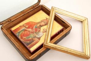 1902 Koronás Madonna a kis Jézussal, orosz ikon, tojás tempera, fa tábla, hátodalon cirill leírással...