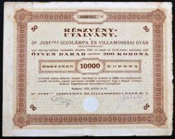 Budapest 1923. 1923. "Dr. Just-féle Izzólámpa és Villamossági Gyár Részvénytársaság" részvénye 10.000K-ról, szárazpecséttel T:III,III-