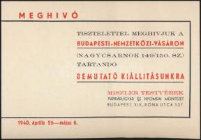 1940 Meghívó Budapesti-Nemzetközi Vásár, verzón Miszler testvérek reklám, 10x15cm