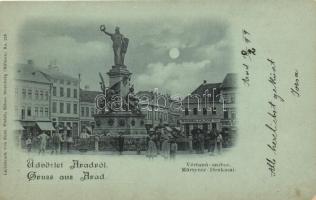 1899 Arad; Szabadság tér, Vértanú-szobor; Daimel Lajos, Schwarz Testvérek, Ries J. és Társa üzletei / square, statue, shops