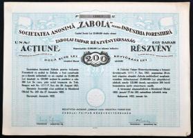 Románia / Bukarest 1922. "Zabolai Faipar Részvénytársaság" részvénye 200L-ről szelvényekkel T:I-Romania / Bucharest 1922. "Zabola Wood Industry Company Ltd." share about 200 Lei with coupons C:AU