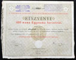 Budapest 1895. A Lechner Rákosi Téglagyár-Részvénytársaság részvénye 100Ft-ról, szelvényekkel, bélyegzéssel és szárazpecséttel T:III