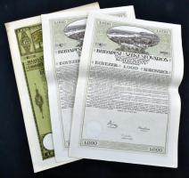 Budapest 1918. "Budapest Székesfőváros" kötelezvények 1000K-ról (2x) sorszámkövetők, mindkettő magyar és német nyelven szelvényekkel, szárazpecséttel + 1920. "Budapest Székesfőváros" kötelezvénye 1000K-ról szelvényekkel T:I-,II
