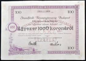 Budapest 1923. "Strandfürdő Részvénytársaság Budapest" részvénye 100.000K-ról, szelvényekkel és szárazpecséttel T:III