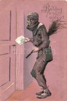 Boldog újévet! Kéményseprő / chimney sweep, New Year greeting Emb. litho