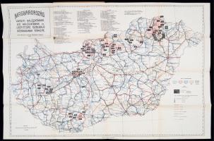 1927 Magyarország vasúti hálózatának, úti hálózatának és útépítésre szolgáló kőbányáinak térképe, 1:550000, Magyar Királyi Földtani Intézet, a hajtások mentén kis szakadásokkal, 67×96,5 cm