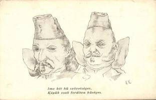 Íme két hű szövetséges, Képük csak fordítva hűséges. I. Világháborús szatirikus grafikai képeslap / Anti-Turkish satire, Central Powers WWI propaganda s: R. K.