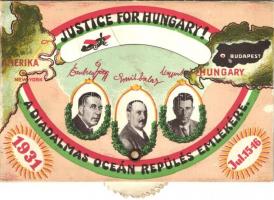 1931 &#039;Justice for Hungary!&#039; A diadalmas óceán repülés emlékére; Magyar Sándor, Endrész György, Szalay Emil;  mechanikus lap / Hungarian pilots, memorial card for their flight across the ocean, aeroplane, signed mechanical postcard (Rb)