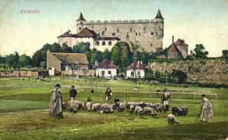 Zólyom, Zvolen; vár, birkanyáj és juhászok / castle, sheep and shepherds (fa)