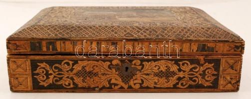 cca 1860 A budai várat és a Lánchidat ábrázoló aranyozott, festett, faragott fa ládika. kulcsos zárr...