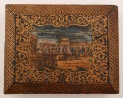 cca 1860 A budai várat és a Lánchidat ábrázoló aranyozott, festett, faragott fa ládika. kulcsos zárr...