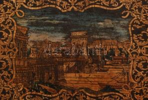 cca 1860 A budai várat és a Lánchidat ábrázoló aranyozott, festett, faragott fa ládika. kulcsos zárr...