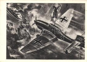 Un Ju 87 bombarde une porte-avions britannique / An Junkers Ju 87 Stuka attacking a English aircraft carrier, World War II (EK)