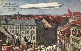 'Graf Zeppelins lenkbares Luftschiff in voller Fahrt' / Airship above (probably) Leipzig