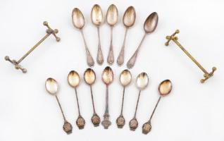 12 db különféle ezüstözött kiskanál + 2 db késbak, különböző méretben