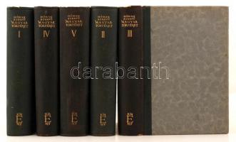 Hóman Bálint, Szekfű Gyula: Magyar történet. I-V. köt. Bp., 1935, Királyi Magyar Egyetemi Nyomda. Második kiadás. Kiadói félbőrkötésben, az egyes kötetek gerince kissé kopott, egyébként  jó állapotban.