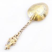 1762 Antik ezüst (Ag.) flamand díszkanál, bár micvó (konfirmáció) emlékére, aranyozott, mesterjeggye...