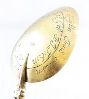 1762 Antik ezüst (Ag.) flamand díszkanál, bár micvó (konfirmáció) emlékére, aranyozott, mesterjeggye...