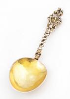 1762 Antik ezüst (Ag.) flamand díszkanál, bár micvó (konfirmáció) emlékére, aranyozott, mesterjeggye...