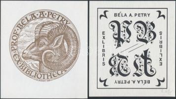 4 db különféle, Petry Béla (1902-1996) grafikushoz kötődő ex libris, nagyrészt külföldi grafikusok m...