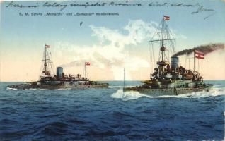 SM Schiffe Monarch und Budapest manövierend, K.u.K. Kriegsmarine, Verlag G. Costalunga / Austrian-Hungarian battleships