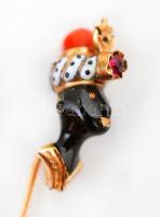 cca 1910 14 K arany bross, kézzel készített korál és tűzzománc figura díszítéssel, eredeti dobozában...