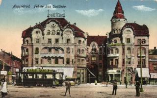 Nagyvárad, Oradea; Fekete Sas szálloda, villamos Remington írógép reklámmal, Vígadó mozgó / hotel, tram with Remington typewriter advertisment, cinema (EK)