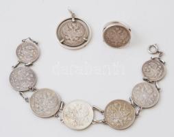 cca 1910-1916 Orosz ezüstpénzekből készült ékszer szett. Karlánc, medál, gyűrű. / Jewellery set made of Russian silver coins. 34g