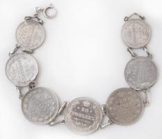 cca 1910-1916 Orosz ezüstpénzekből készült ékszer szett. Karlánc, medál, gyűrű. / Jewellery set made...