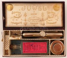 cca 1900 Juwel faégető készlet, hiányos eredeti dobozában (Kreutle Ferencz), 23×10 cm