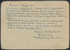 1947 Egry József festőművész (1883-1951) saját kézzel írt sorai Nágel József műkereskedőnek, melyben személyes ügyekről érdeklődik