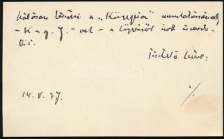 Márai Sándor (1900-1989) író saját kézzel írt sorai névjegykártyáján, melyben megköszöni a könyvnap alkalmából  művéről írt ismertetőt ismeretlen személynek.